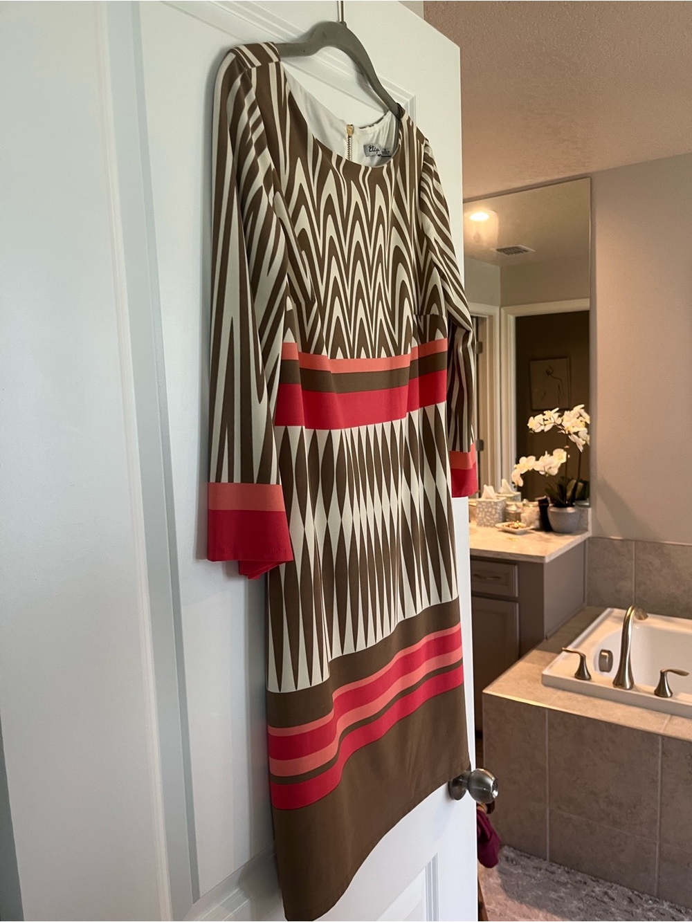 St. John Collection Brown, Red and Coral Geometric Long Sleeve Shift Dress